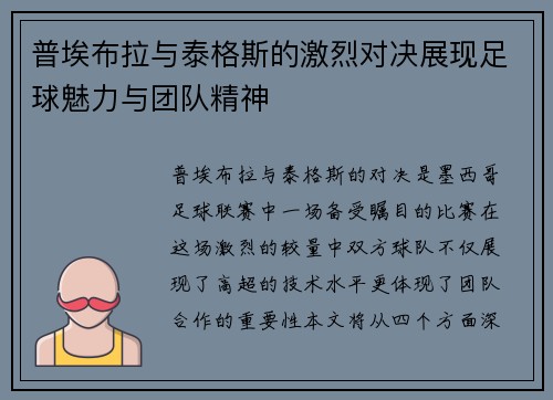 普埃布拉与泰格斯的激烈对决展现足球魅力与团队精神