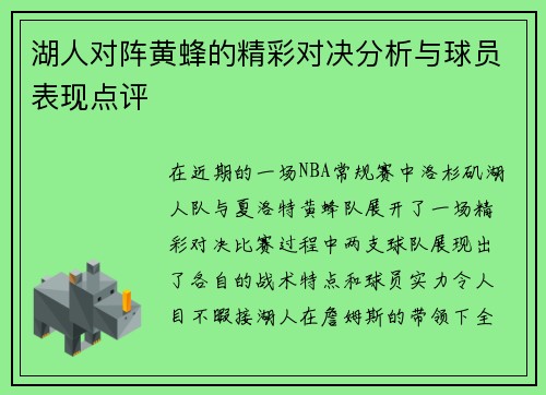 湖人对阵黄蜂的精彩对决分析与球员表现点评