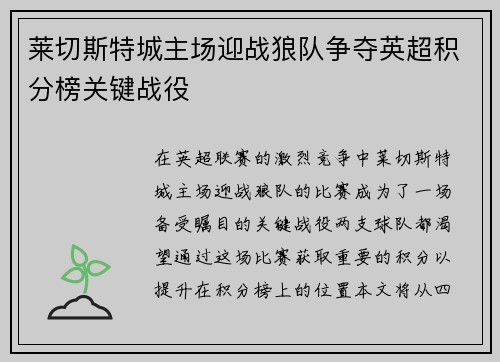 莱切斯特城主场迎战狼队争夺英超积分榜关键战役