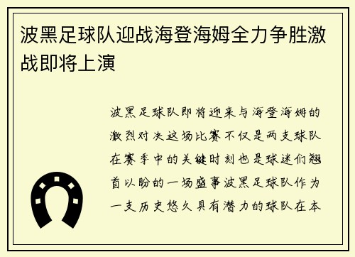 波黑足球队迎战海登海姆全力争胜激战即将上演
