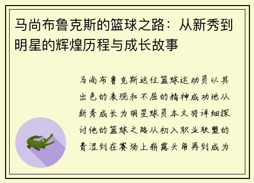马尚布鲁克斯的篮球之路：从新秀到明星的辉煌历程与成长故事