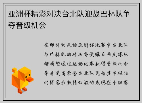 亚洲杯精彩对决台北队迎战巴林队争夺晋级机会