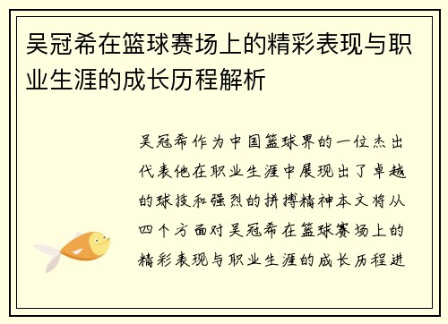 吴冠希在篮球赛场上的精彩表现与职业生涯的成长历程解析