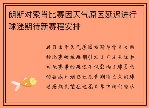 朗斯对索肖比赛因天气原因延迟进行球迷期待新赛程安排