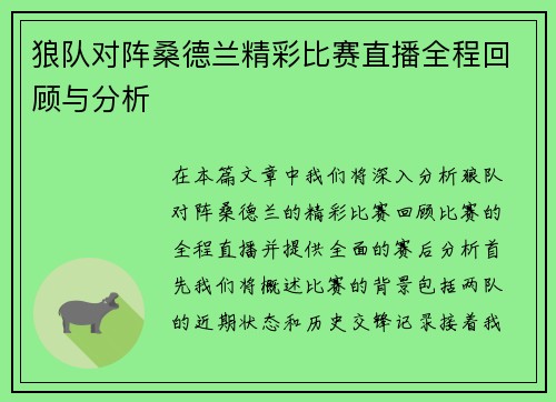 狼队对阵桑德兰精彩比赛直播全程回顾与分析