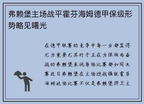 弗赖堡主场战平霍芬海姆德甲保级形势略见曙光