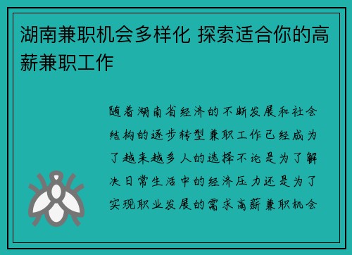湖南兼职机会多样化 探索适合你的高薪兼职工作