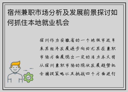 宿州兼职市场分析及发展前景探讨如何抓住本地就业机会