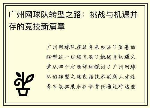 广州网球队转型之路：挑战与机遇并存的竞技新篇章