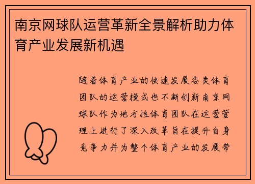 南京网球队运营革新全景解析助力体育产业发展新机遇