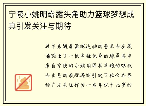 宁陵小姚明崭露头角助力篮球梦想成真引发关注与期待