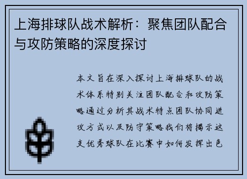 上海排球队战术解析：聚焦团队配合与攻防策略的深度探讨
