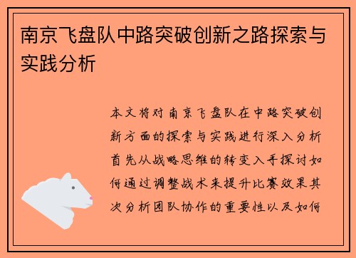 南京飞盘队中路突破创新之路探索与实践分析