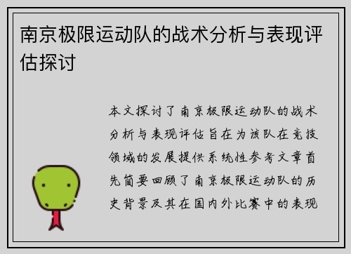南京极限运动队的战术分析与表现评估探讨