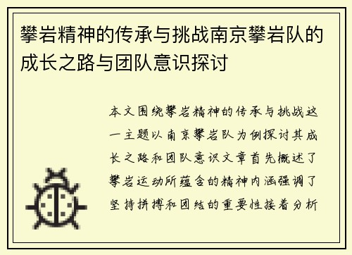 攀岩精神的传承与挑战南京攀岩队的成长之路与团队意识探讨