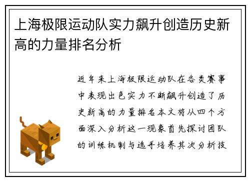 上海极限运动队实力飙升创造历史新高的力量排名分析
