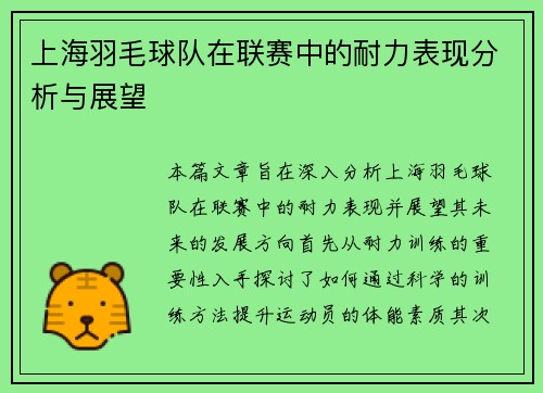 上海羽毛球队在联赛中的耐力表现分析与展望