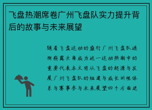 飞盘热潮席卷广州飞盘队实力提升背后的故事与未来展望