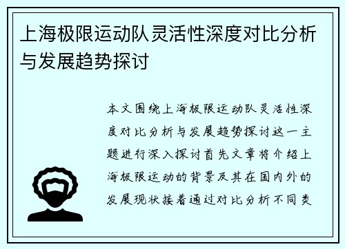 上海极限运动队灵活性深度对比分析与发展趋势探讨