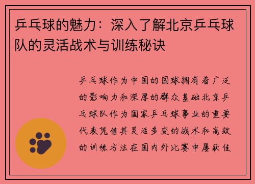 乒乓球的魅力：深入了解北京乒乓球队的灵活战术与训练秘诀
