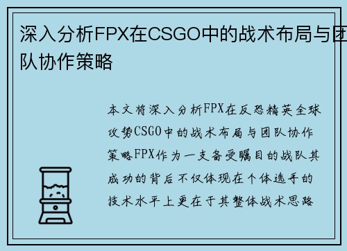 深入分析FPX在CSGO中的战术布局与团队协作策略